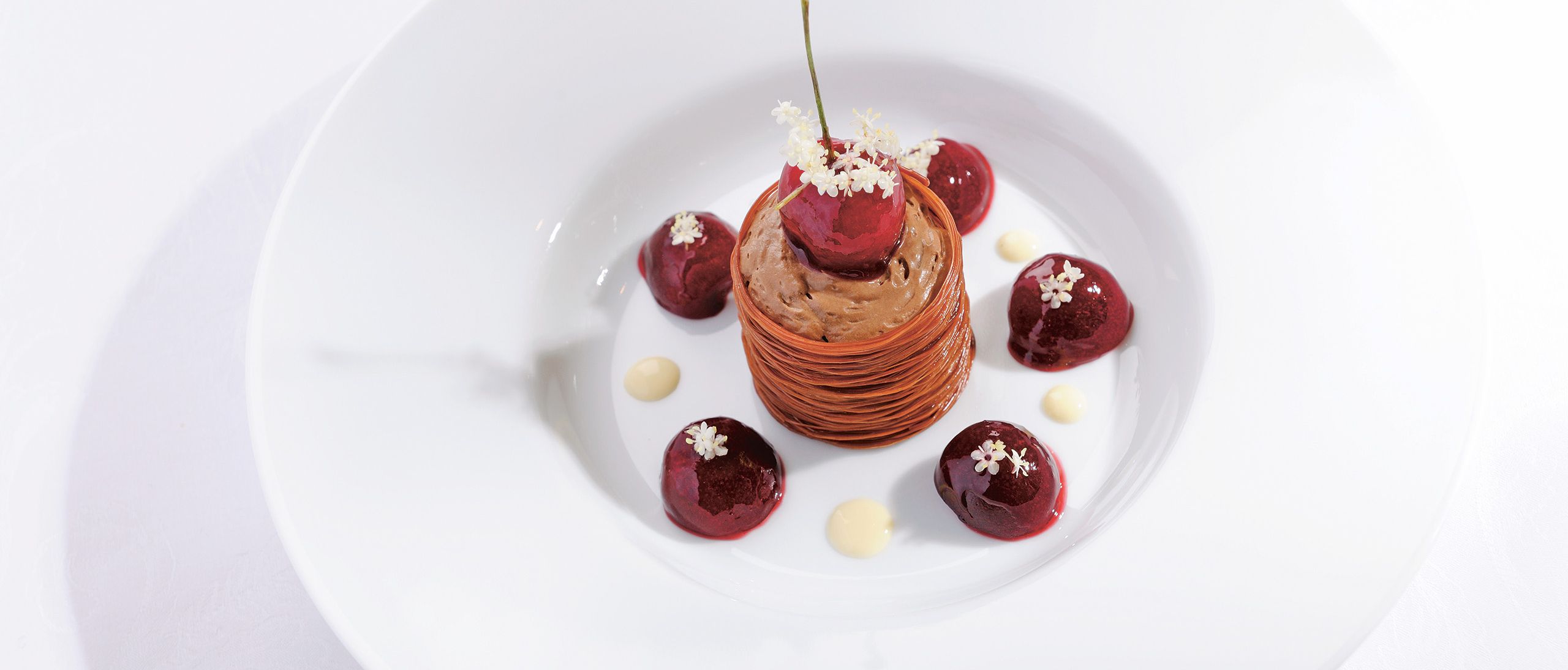 Detailaufnahme eines Desserts mit Kirschen
