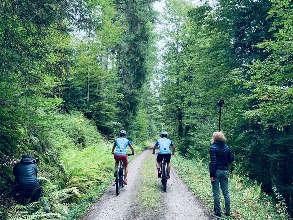 Zwei Mountainbiker und zwei Fotografen auf einem Weg im dichten Wald