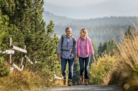 Eine Frau und ein Mann wandern auf einem geteerten Wanderweg