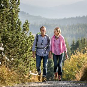 Eine Frau und ein Mann wandern auf einem geteerten Wanderweg