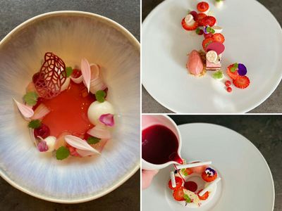 Fotocollage von verschiedenen Dessert Anrichtungen aus dem Restaurant des Luxushotels im Schwarzwald