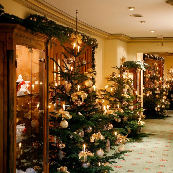 Viele geschmückte Christbäume in der Shoppingpassage