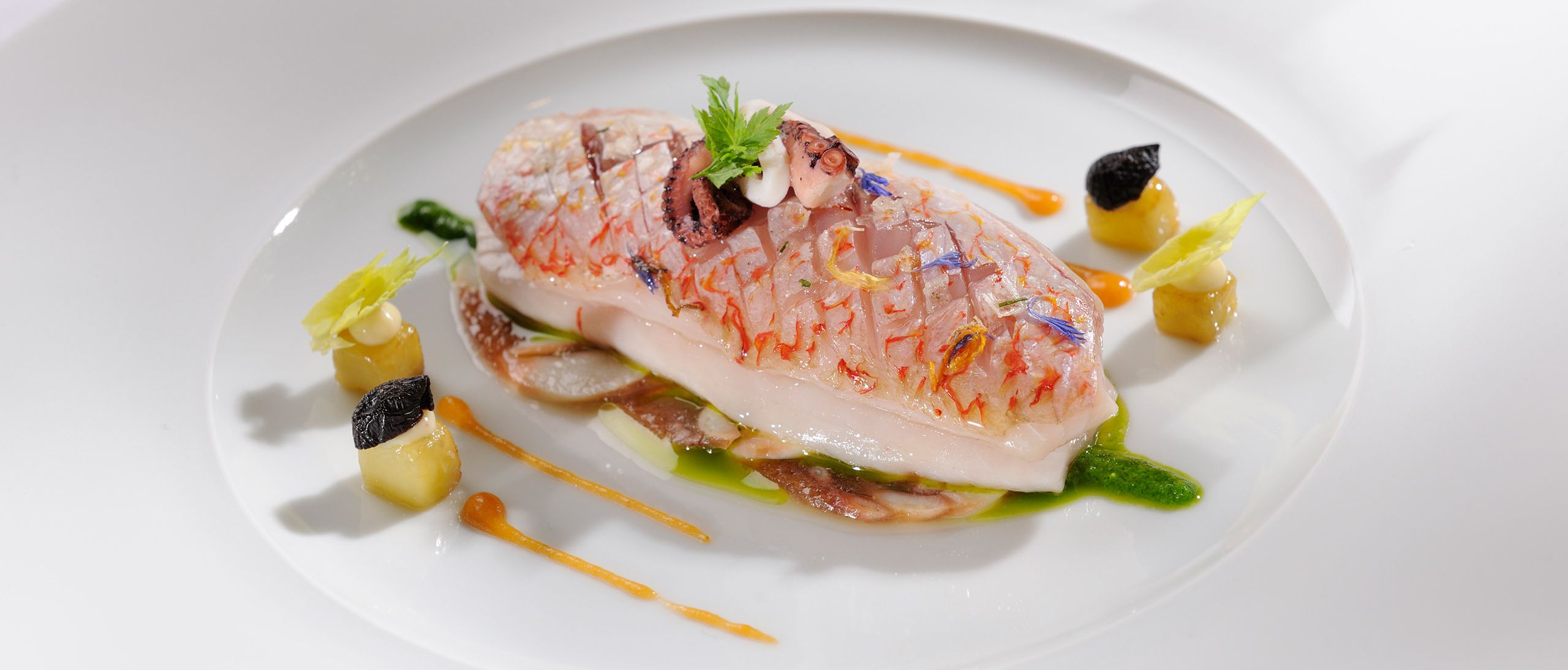 Detailaufnahme einer schön angerichteten Rotbarbe mit Pesto und Oliven im 3 Sterne Restaurant