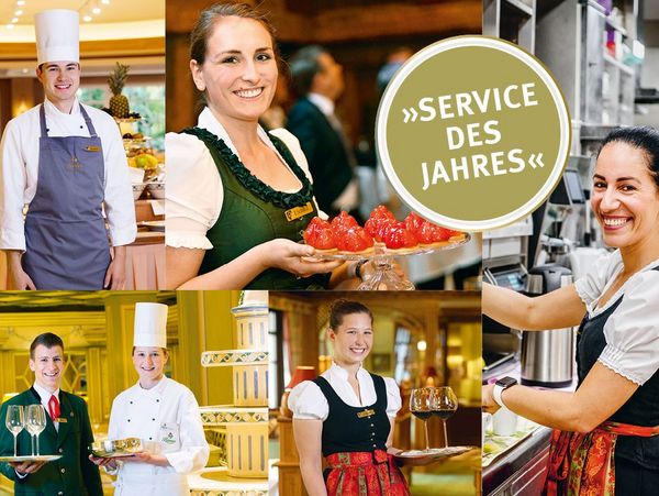 Eine Auszeichnung zum Service des Jahres, auf der Mitarbeiter des Hotel Bareiss zu sehen sind