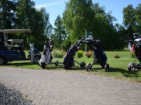 Aufnahme eines Golfautos und mehreren Golftbags im Grünen