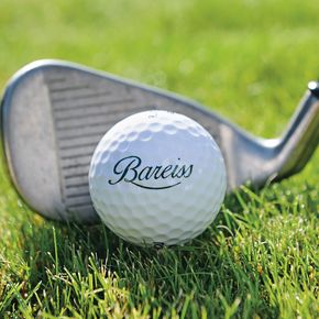 Detailaufnahme eines Golfschlägers vor dem ein Golfball liegt