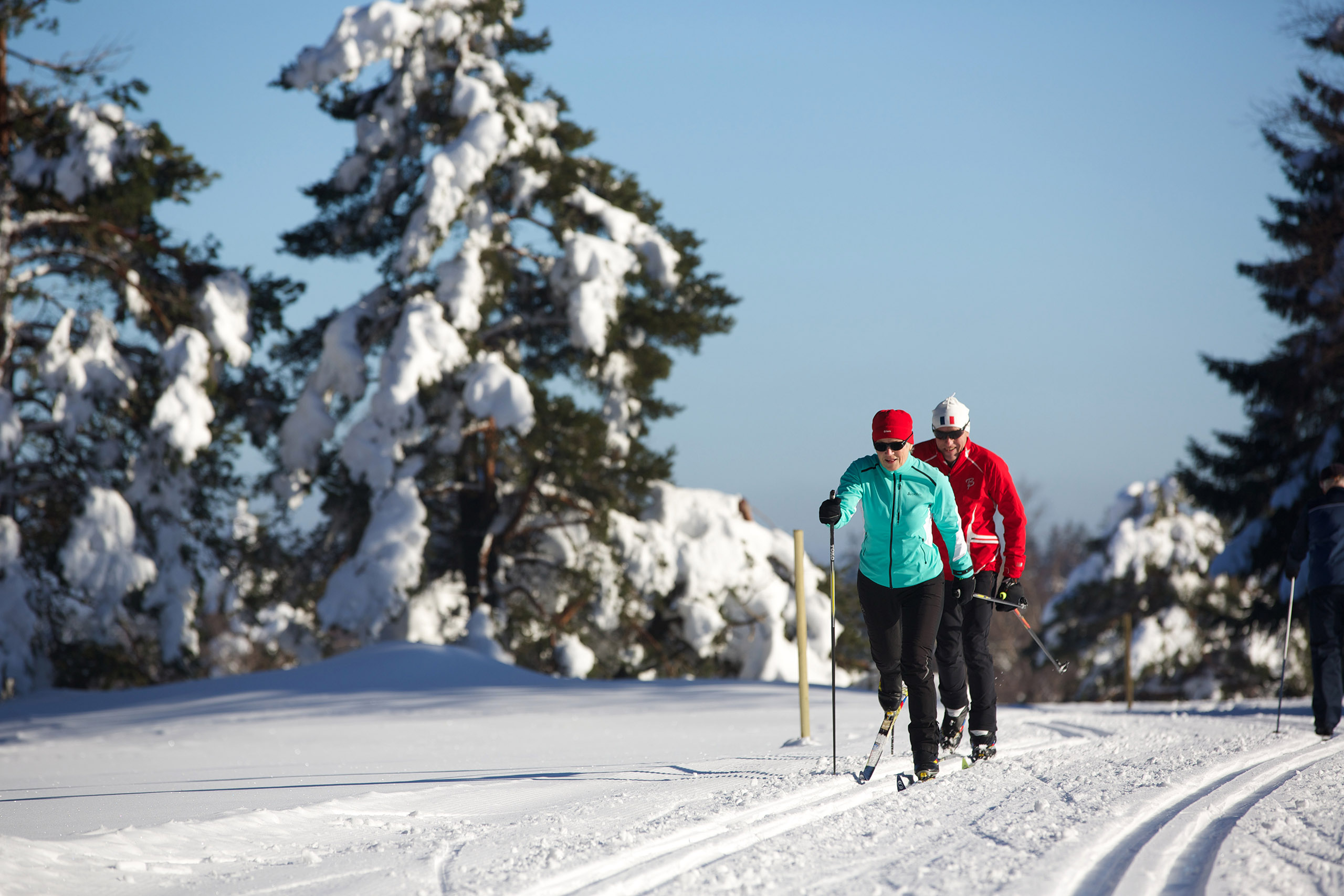 Zwei Menschen in Winterklamotten wandern durch den schneebedeckten Wald in ihrem Winterurlaub im Schwarzwald